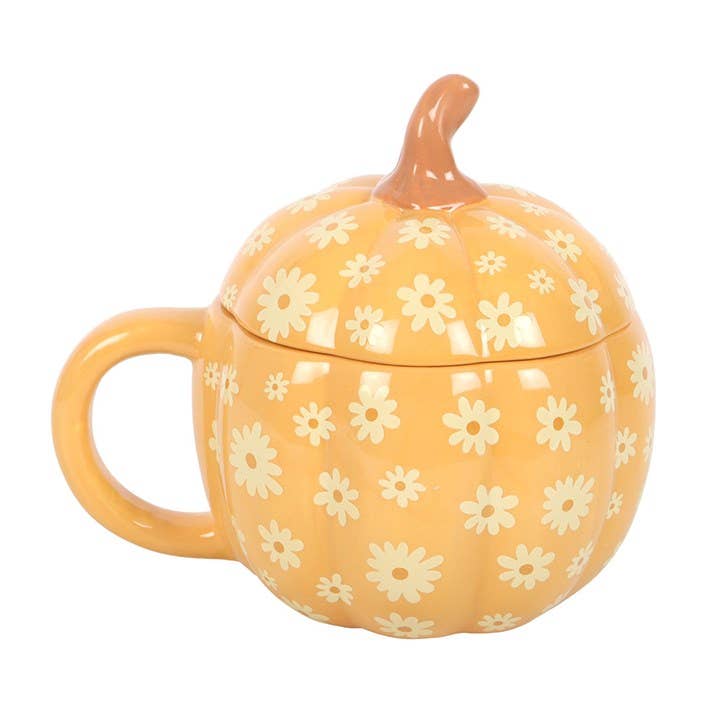 Mug en forme de citrouille florale groovy avec couvercle