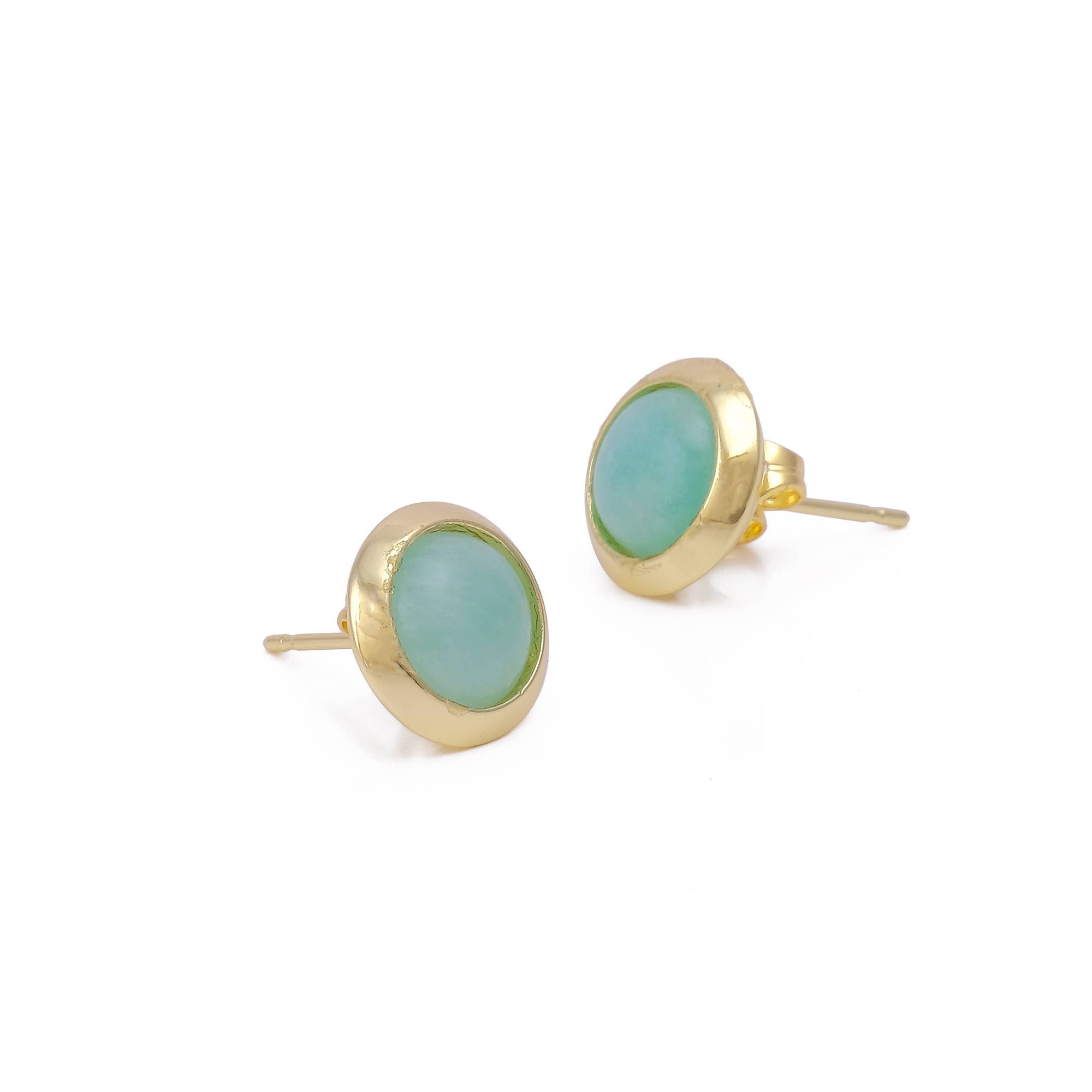 Boucles d'oreilles puces rondes en calcédoine aqua, pierre de naissance de mars.