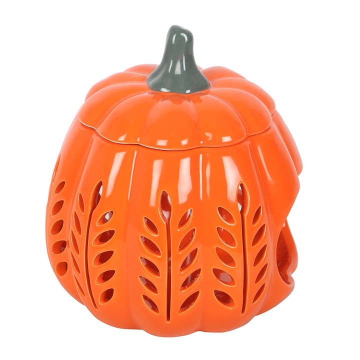 Brûleur d'huile et chauffe-cire en forme de citrouille découpée en feuille d'automne orange