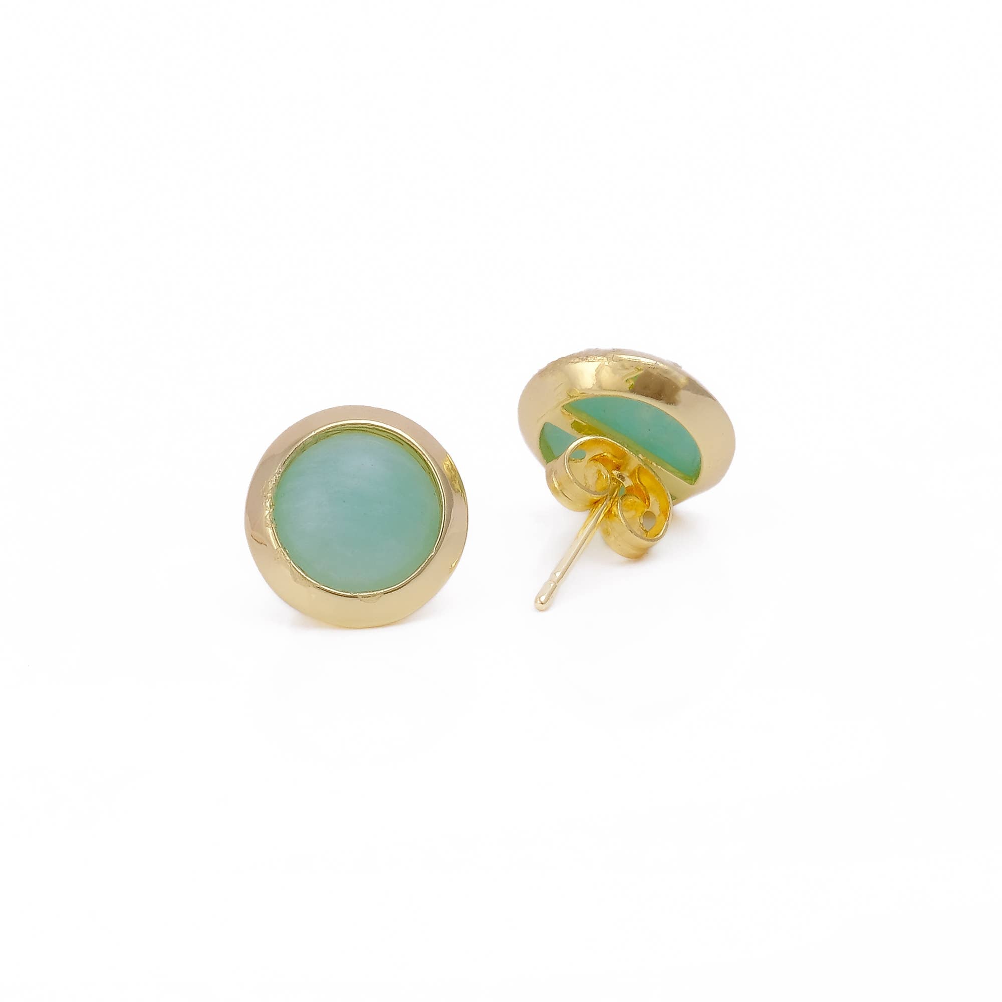 Boucles d'oreilles puces rondes en calcédoine aqua, pierre de naissance de mars.