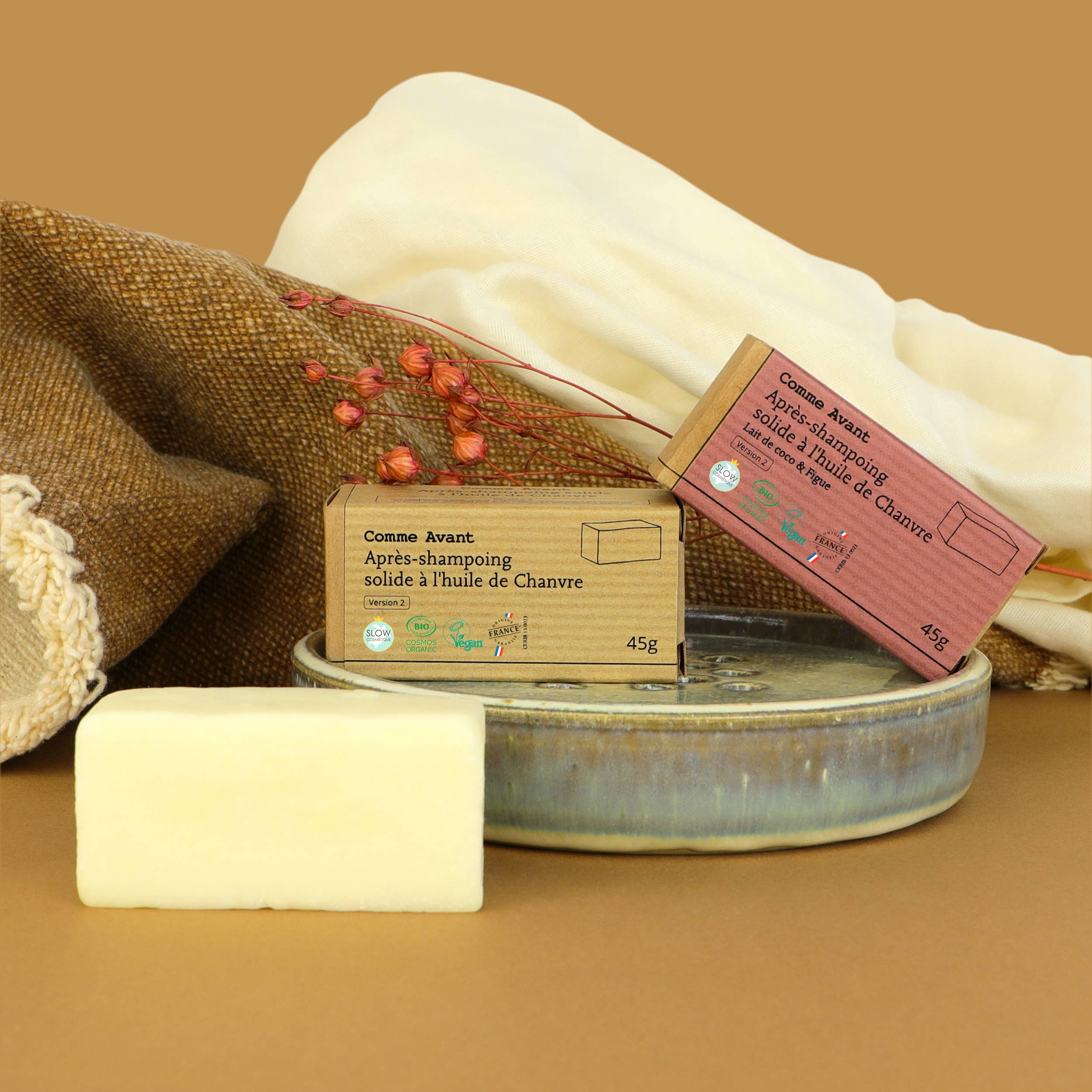 Après-shampoing solide à l'huile de chanvre bio: Parfum Lait de coco et figue