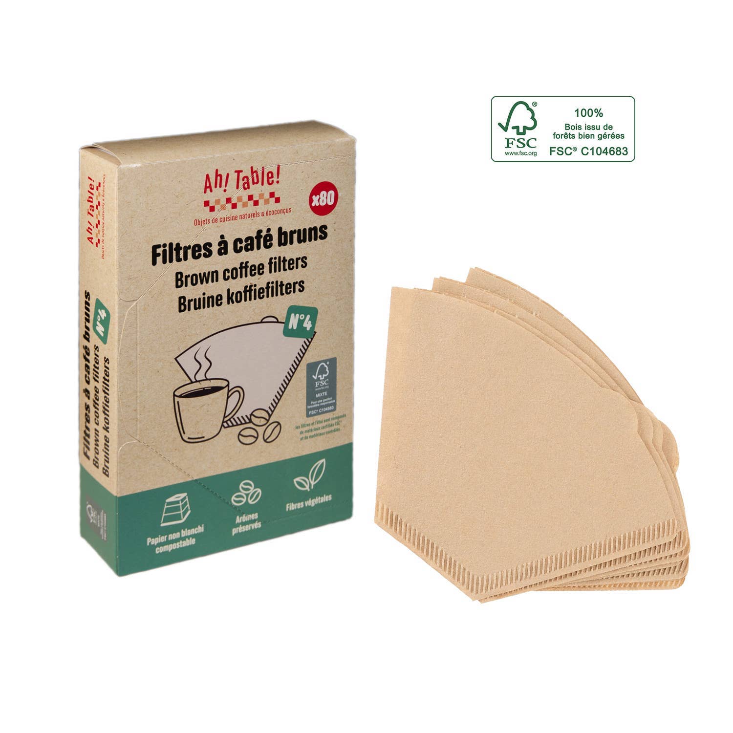 Boîte de 80 Filtres Café N°4 en Papier Brun Compostable - Ah! Table!