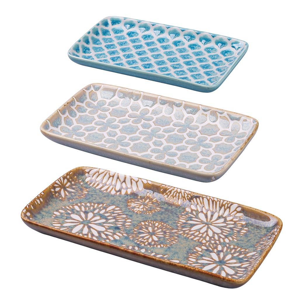 ENSEMBLE RÉACTIF 3 PLATEAUX RECTANGULAIRES BEIGE/GRIS/BLEU