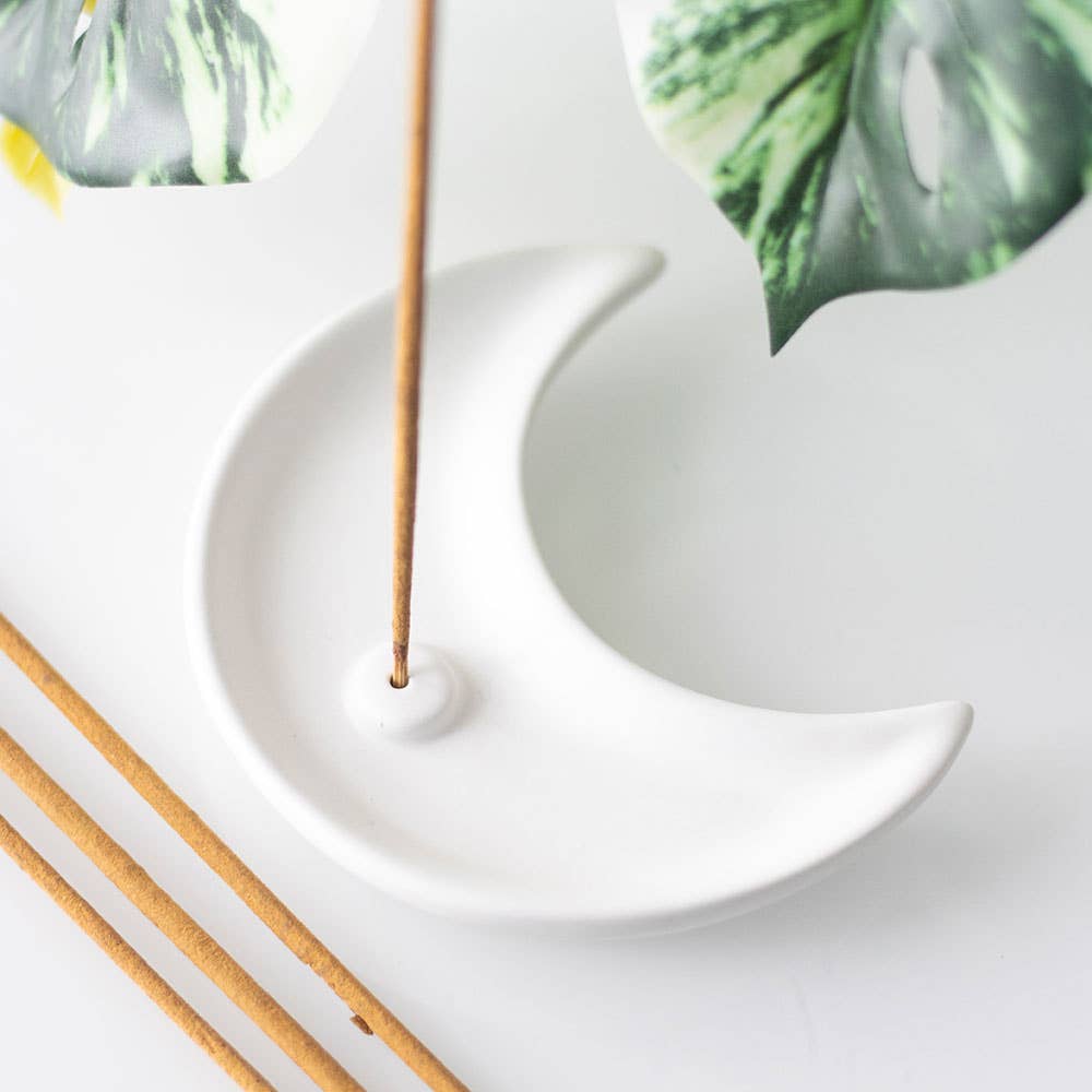 Porte-encens en céramique en forme de croissant de lune blanc