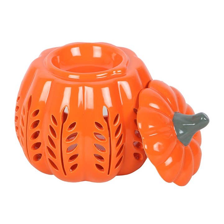Brûleur d'huile et chauffe-cire en forme de citrouille découpée en feuille d'automne orange