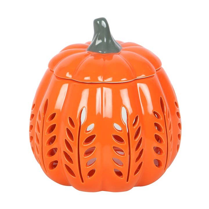 Brûleur d'huile et chauffe-cire en forme de citrouille découpée en feuille d'automne orange