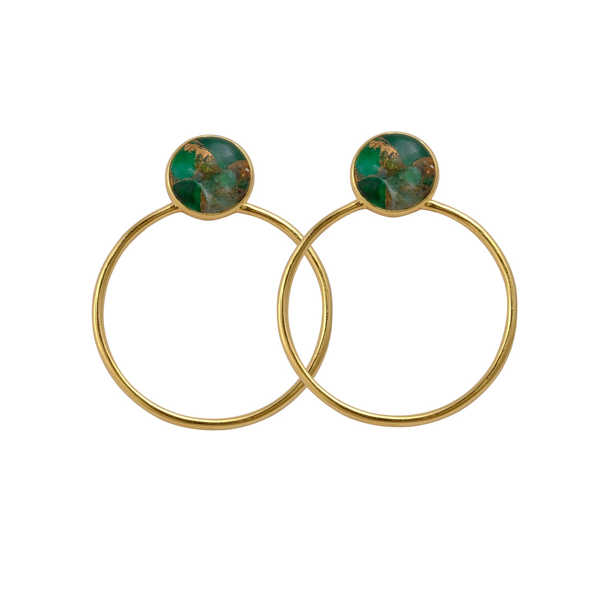 Clous d'oreilles sertis de jade Mohave vert en forme ronde plaqués or