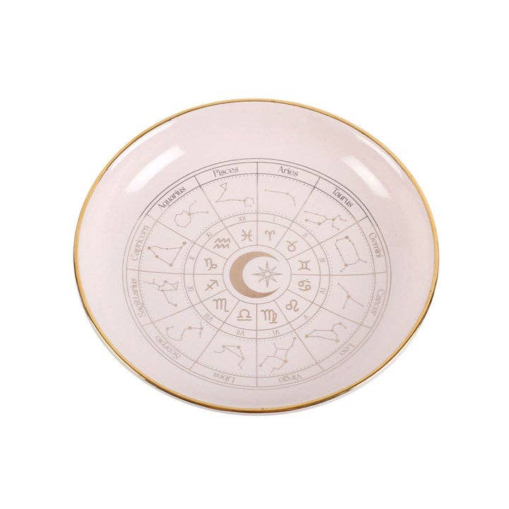 Plat à babioles en forme de roue astrologique blanc cassé