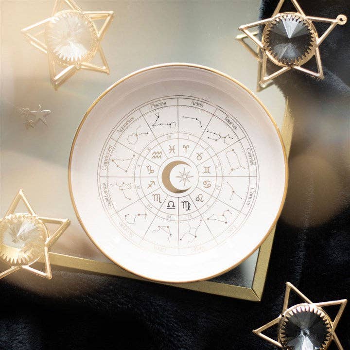 Plat à babioles en forme de roue astrologique blanc cassé