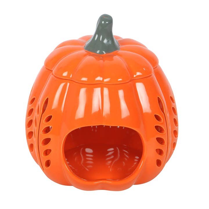 Brûleur d'huile et chauffe-cire en forme de citrouille découpée en feuille d'automne orange