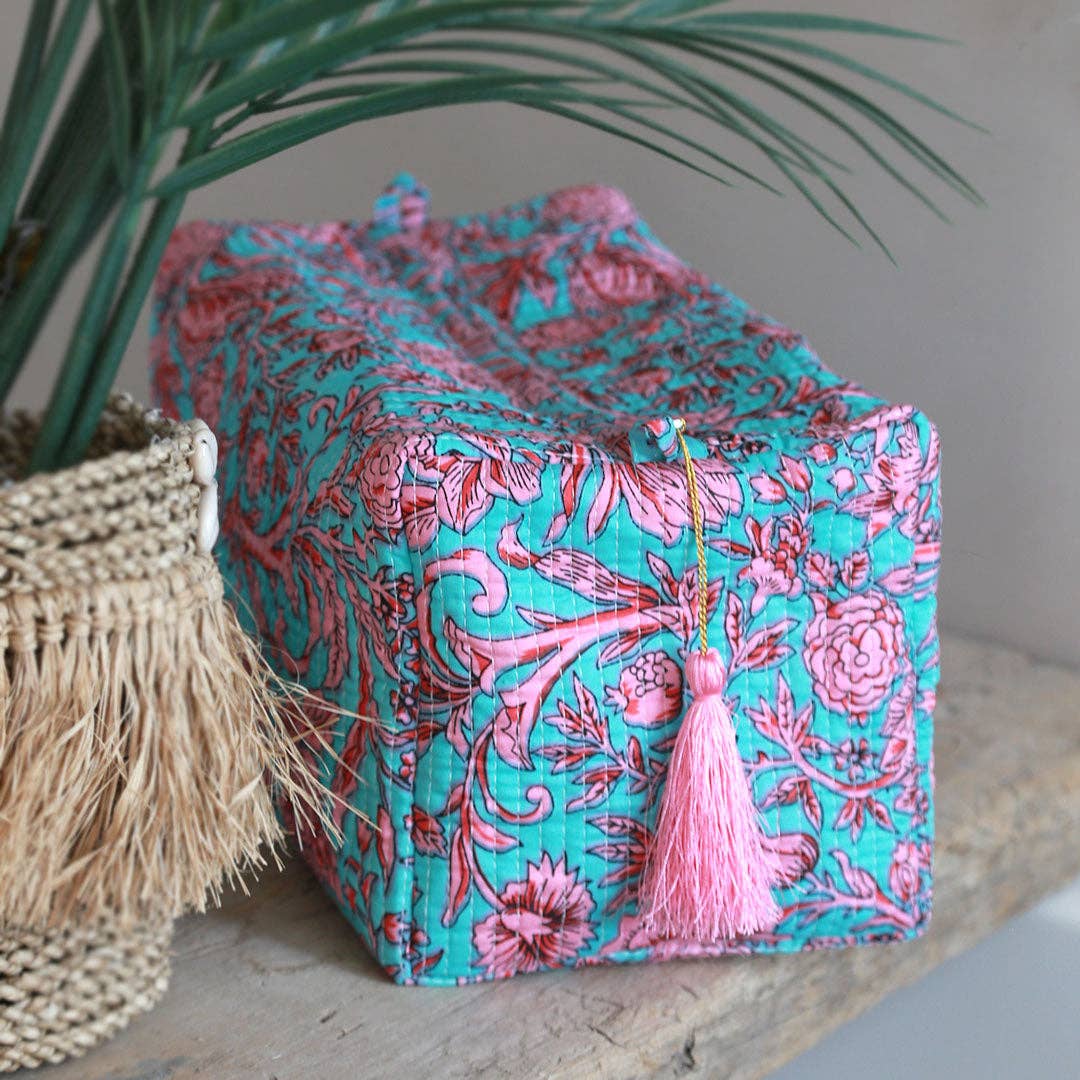 Trousse de toilette Blockprint Fez bleu fleur rose L