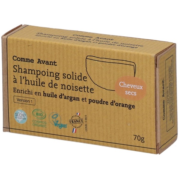 Shampoing solide enrichi en huile d'argan et poudre d'orange. Comme avant