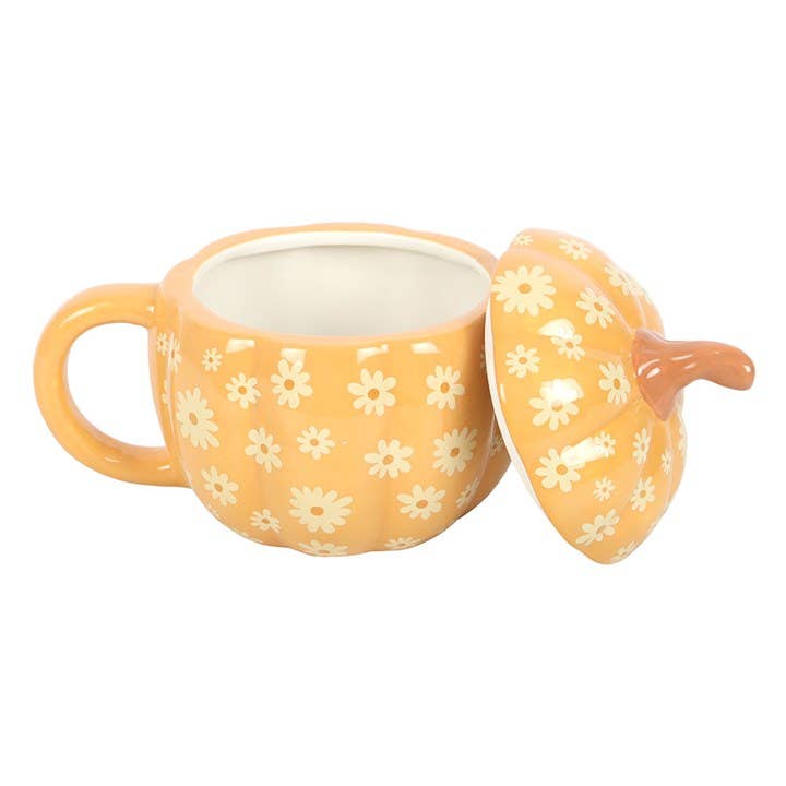 Mug en forme de citrouille florale groovy avec couvercle