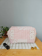 Trousse maquillage cube 100 % coton  : Fleur rouge turquoise