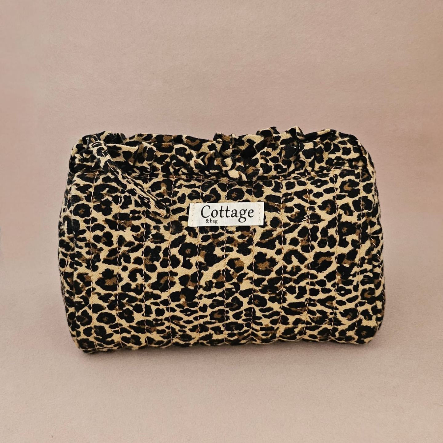 Trousse maquillage froufrou 100 % coton  : Léopard fleuri marron