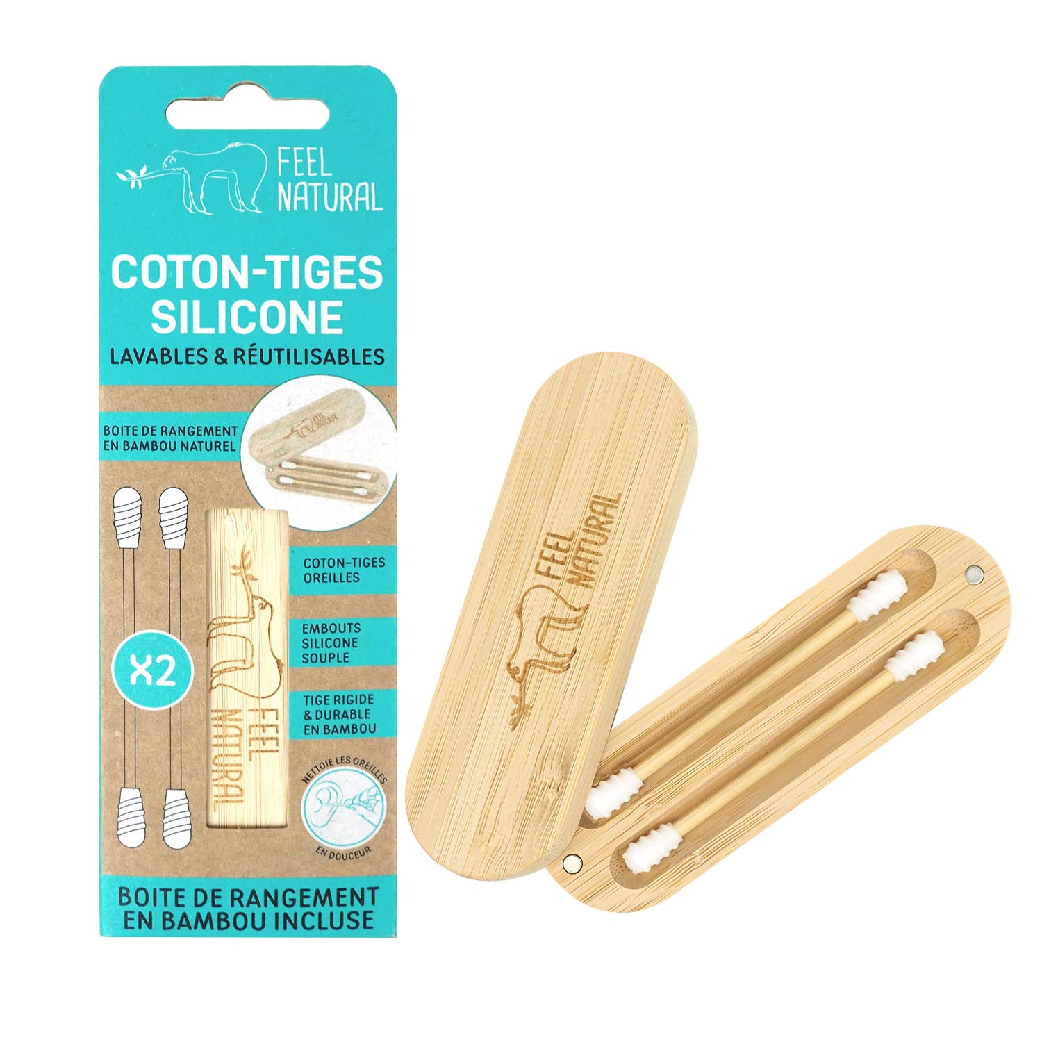 Boîte bambou + 2 coton tiges Silicone - Feel Natural