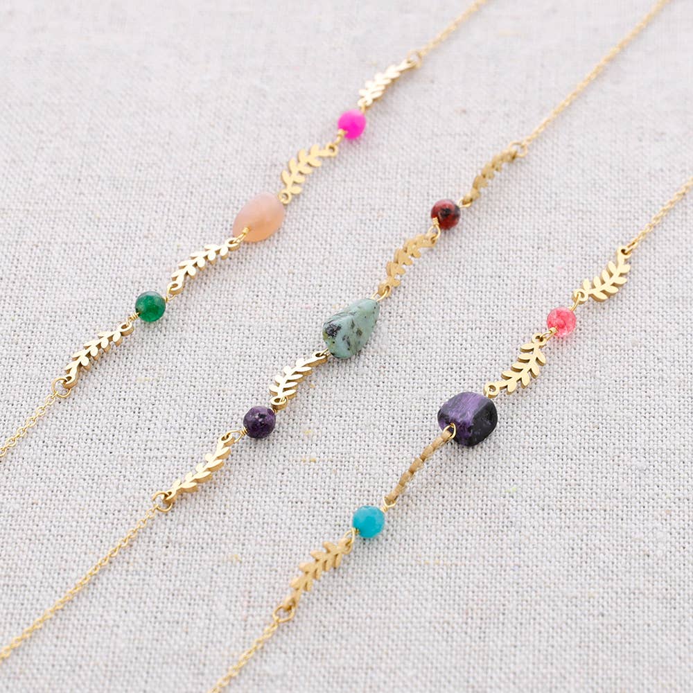 Collier Steel Stones Leaves: Vert