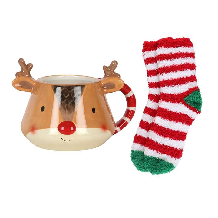 Ensemble 1 tasse et 2chaussettes de Noël en forme de renne