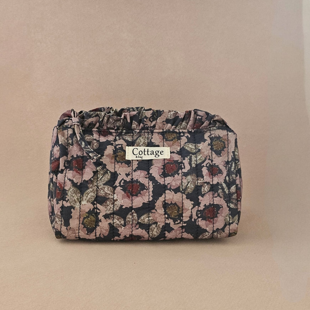 Trousse maquillage froufrou 100 % coton  : Léopard fleuri marron