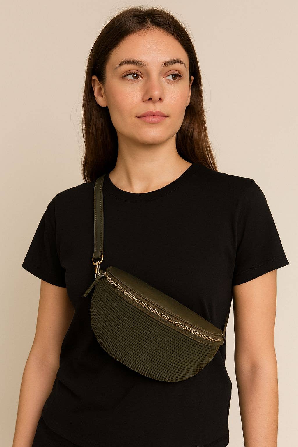 Sac Banane Bi-Matière Noir cuir– Fabrication Italienne: Taupe