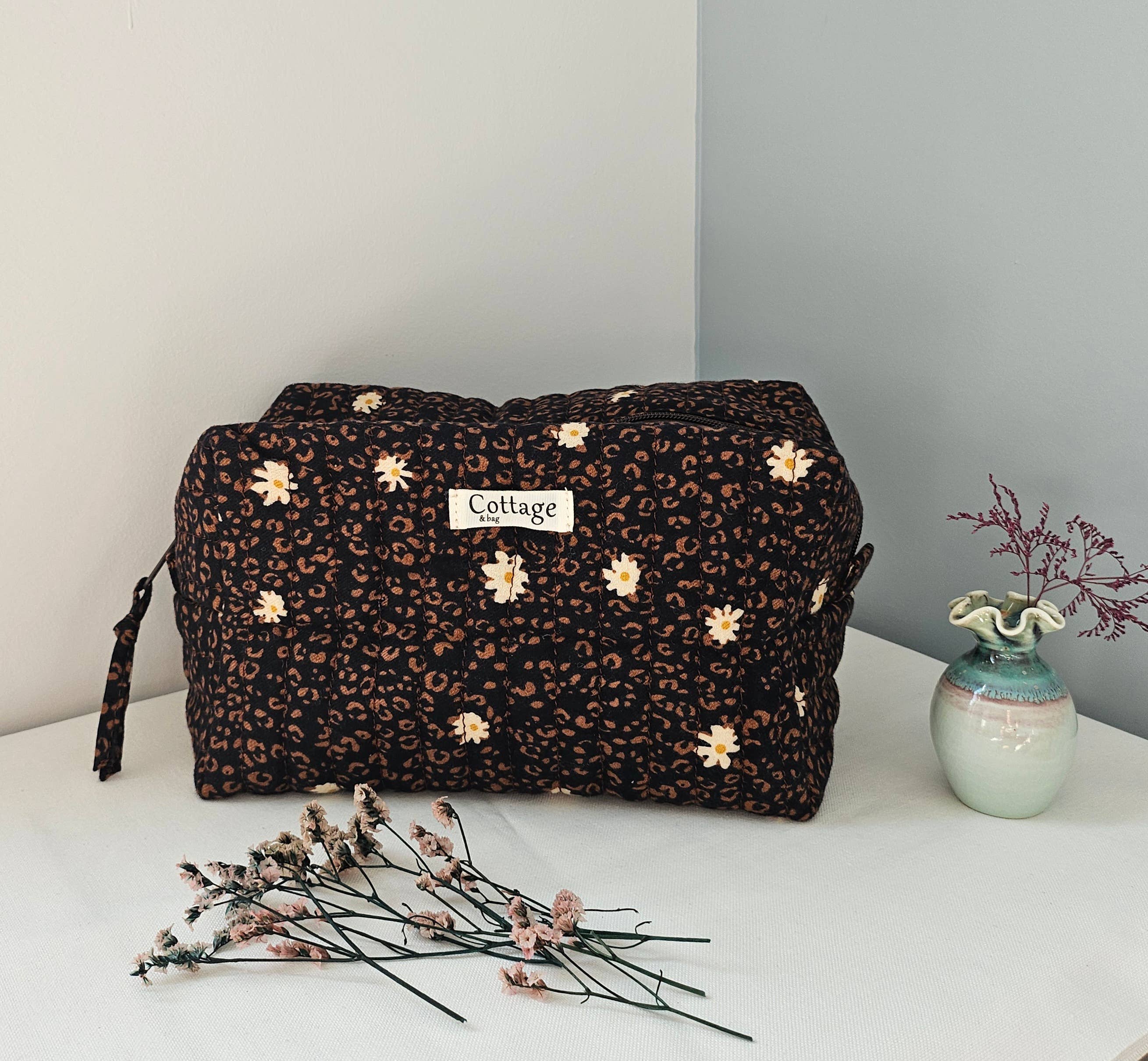 Trousse  de toilette XL 100 % coton  : Fleur rouge turquoise