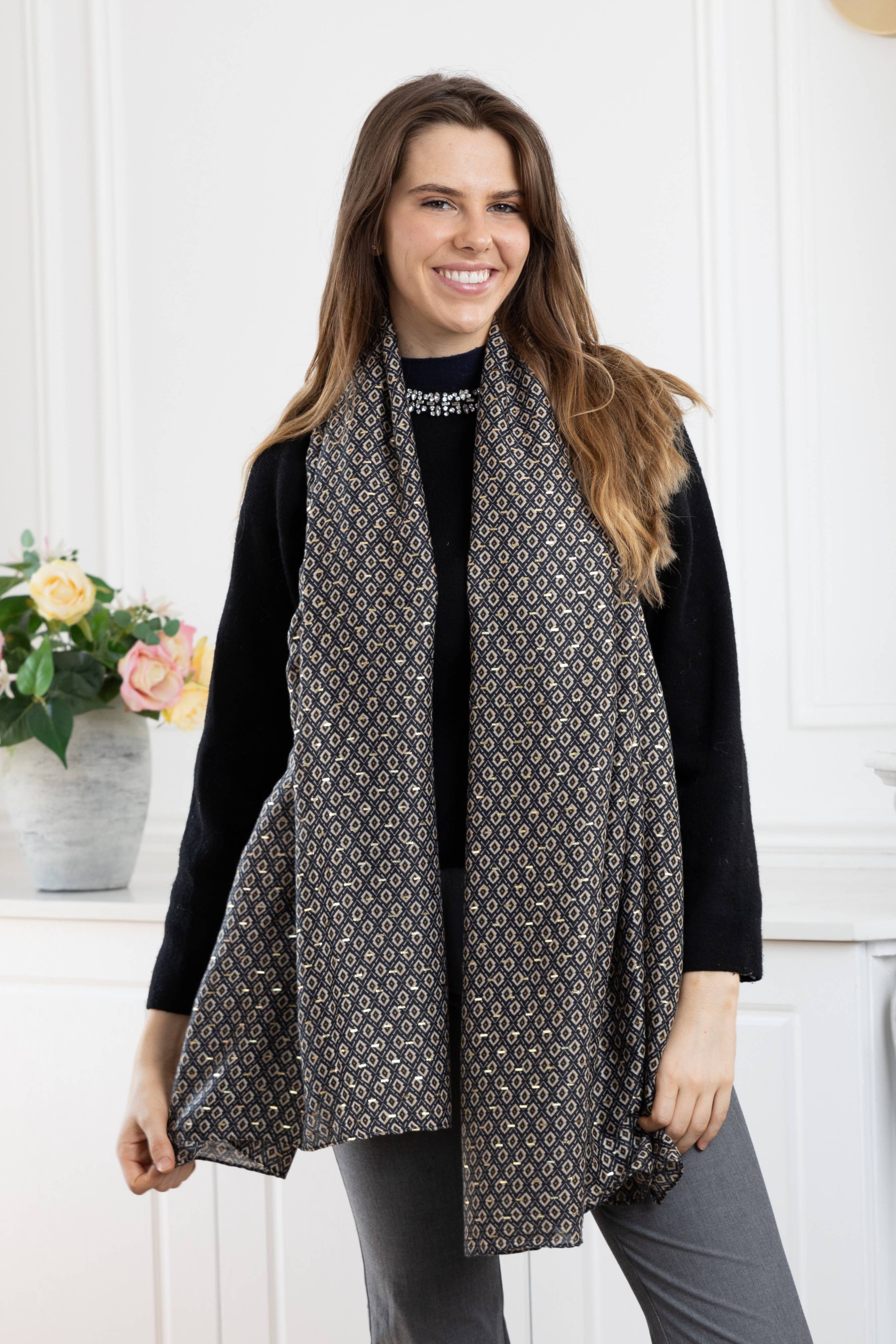 HH303140 Foulard imprimé motif géométrique avec dorure : Noir