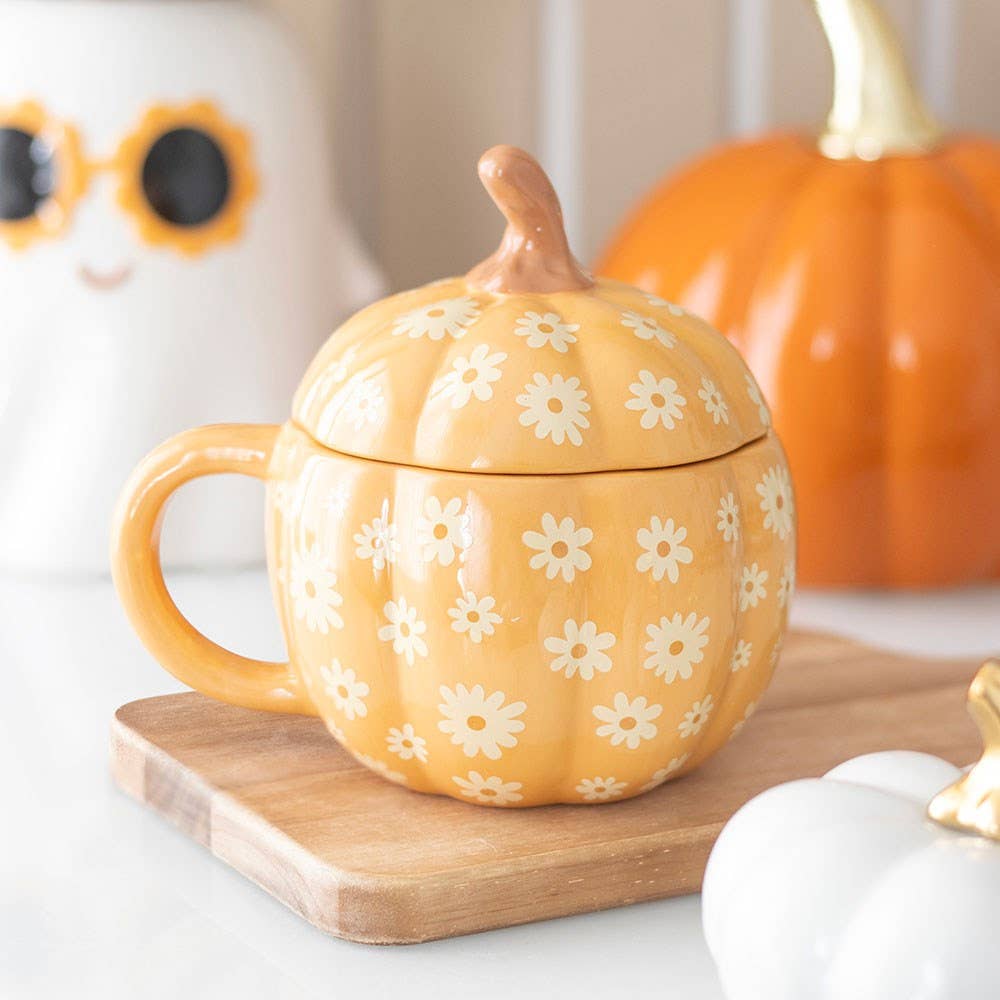 Mug en forme de citrouille florale groovy avec couvercle