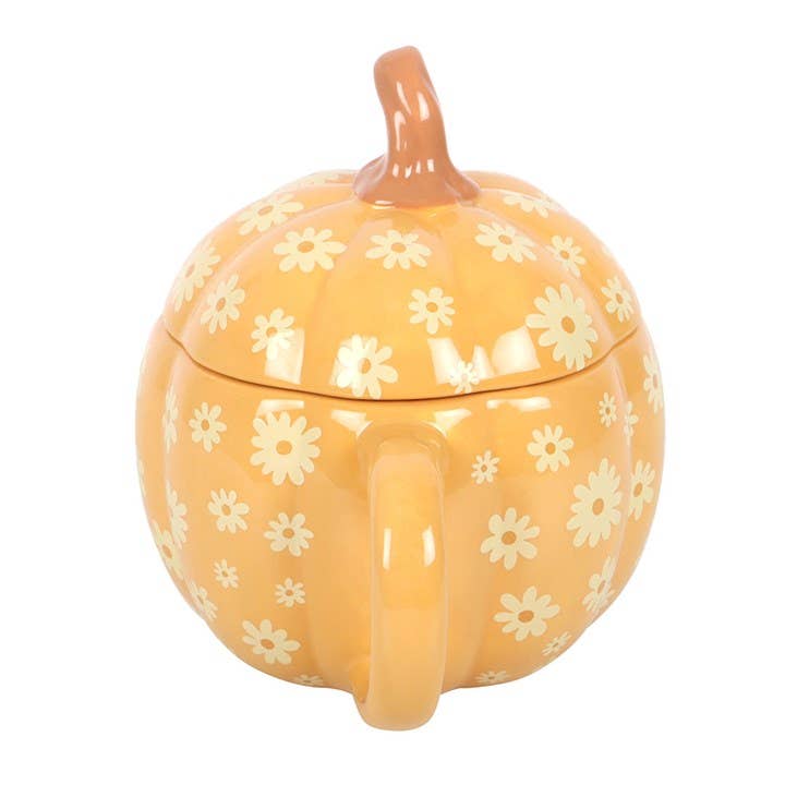Mug en forme de citrouille florale groovy avec couvercle