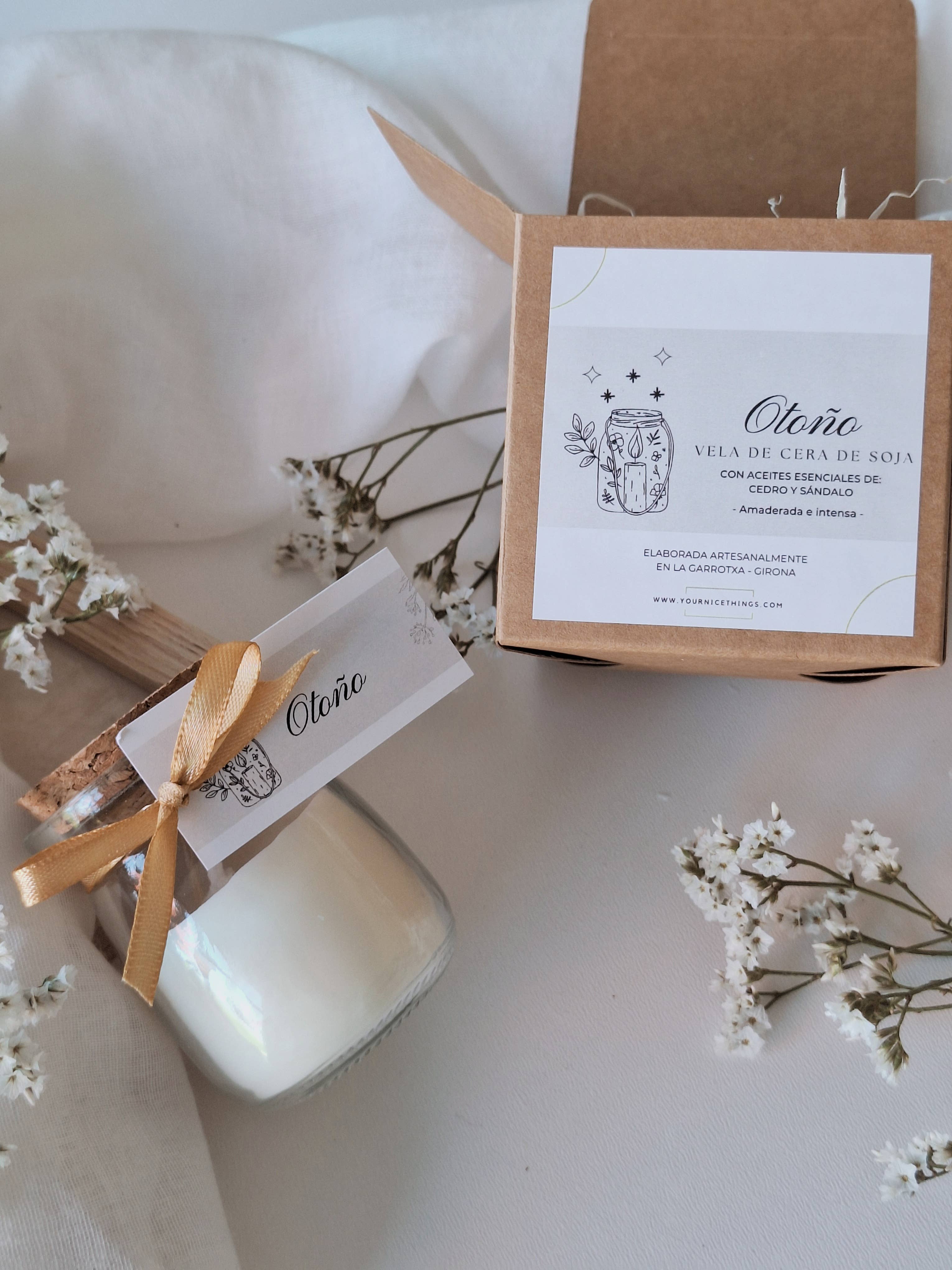 Bougie en cire de soja dans un bocal en verre Automne de cèdre et de santal: Français / Avec boîte