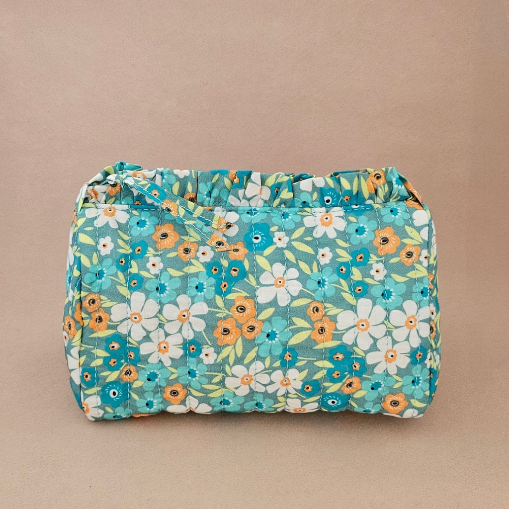 Trousse maquillage froufrou 100 % coton  : Léopard fleuri marron