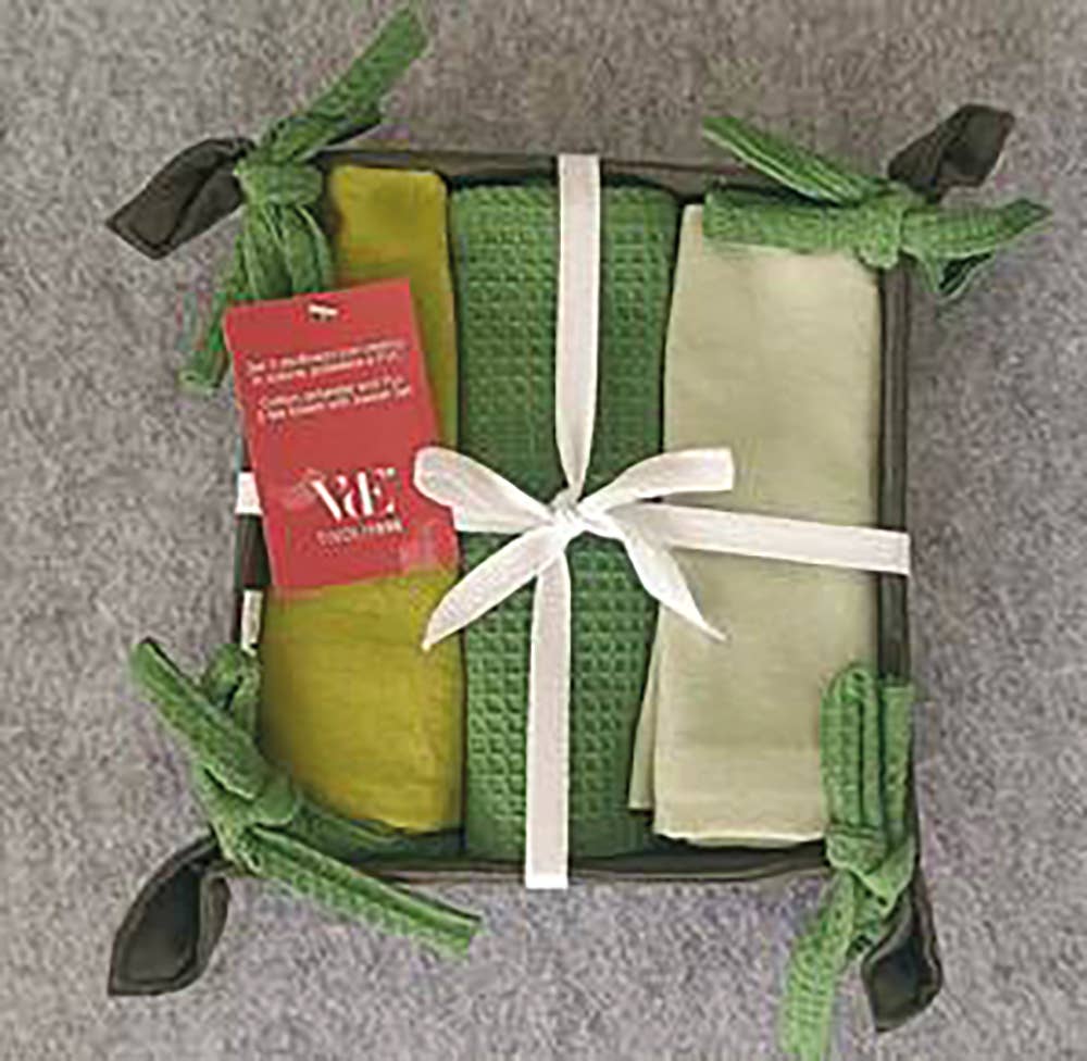 ENSEMBLE GREENERY 3 TORCHONS + PANIER