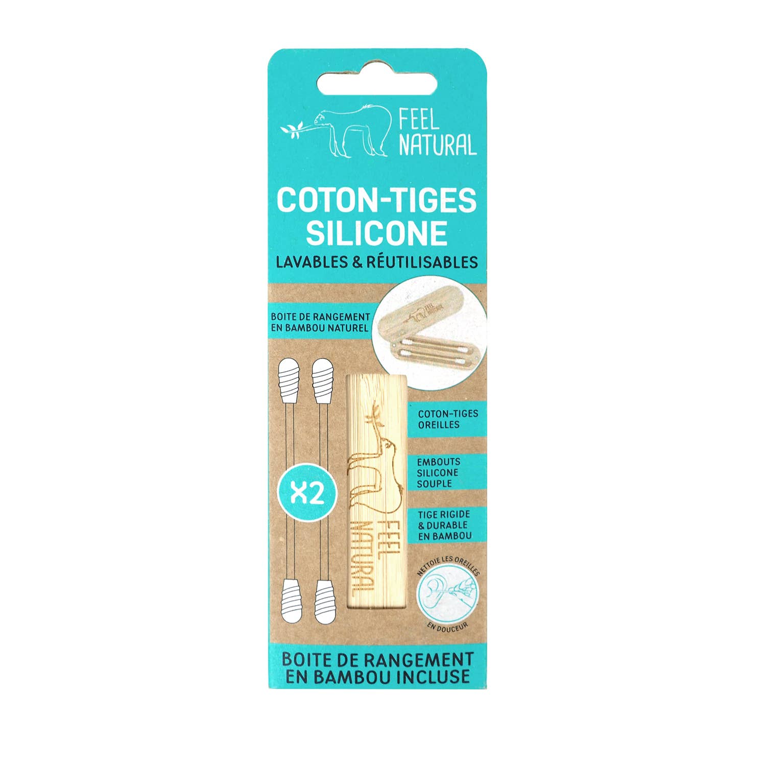 Boîte bambou + 2 coton tiges Silicone - Feel Natural