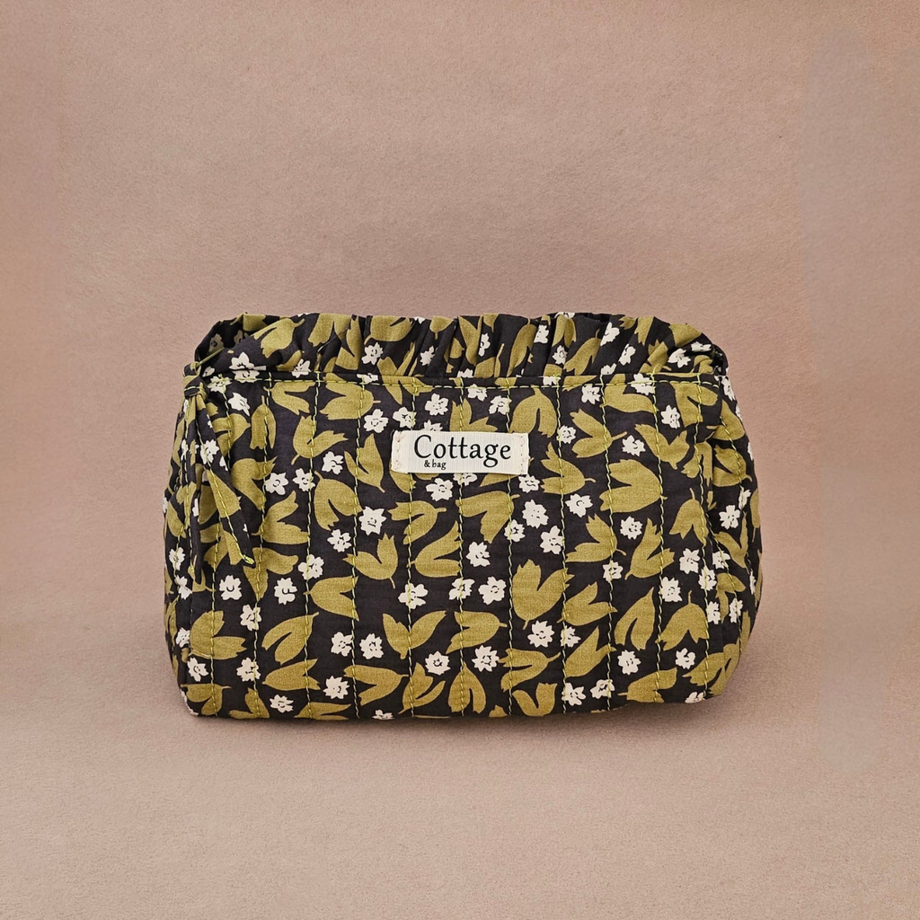 Trousse maquillage froufrou 100 % coton  : Léopard fleuri marron