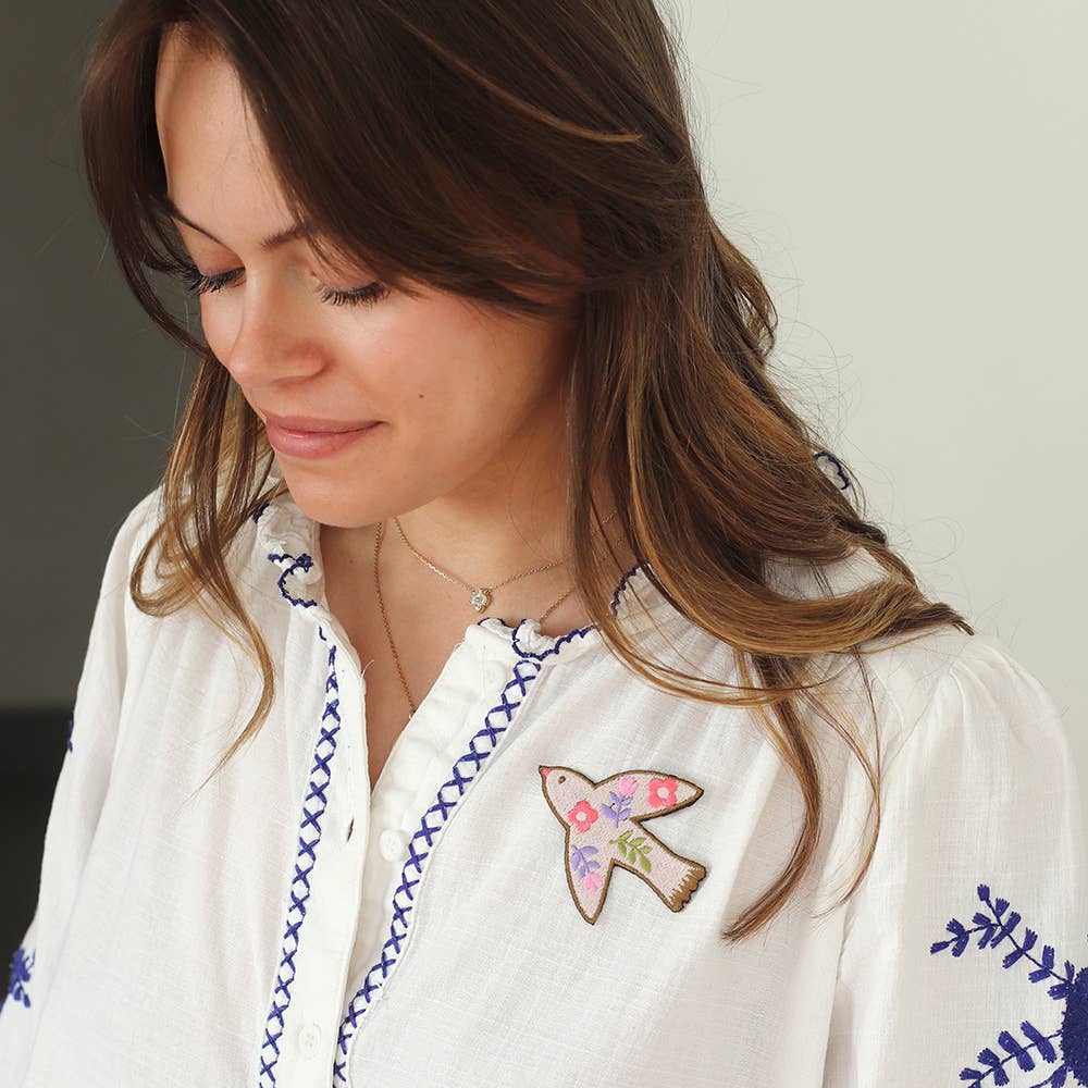 Patch brodé thermocollant motif Oiseau fleuri rose