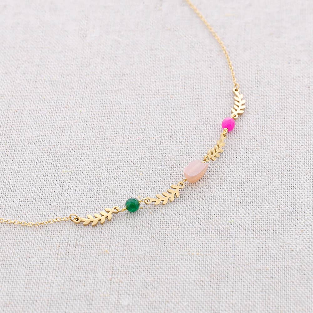 Collier Steel Stones Leaves: Vert