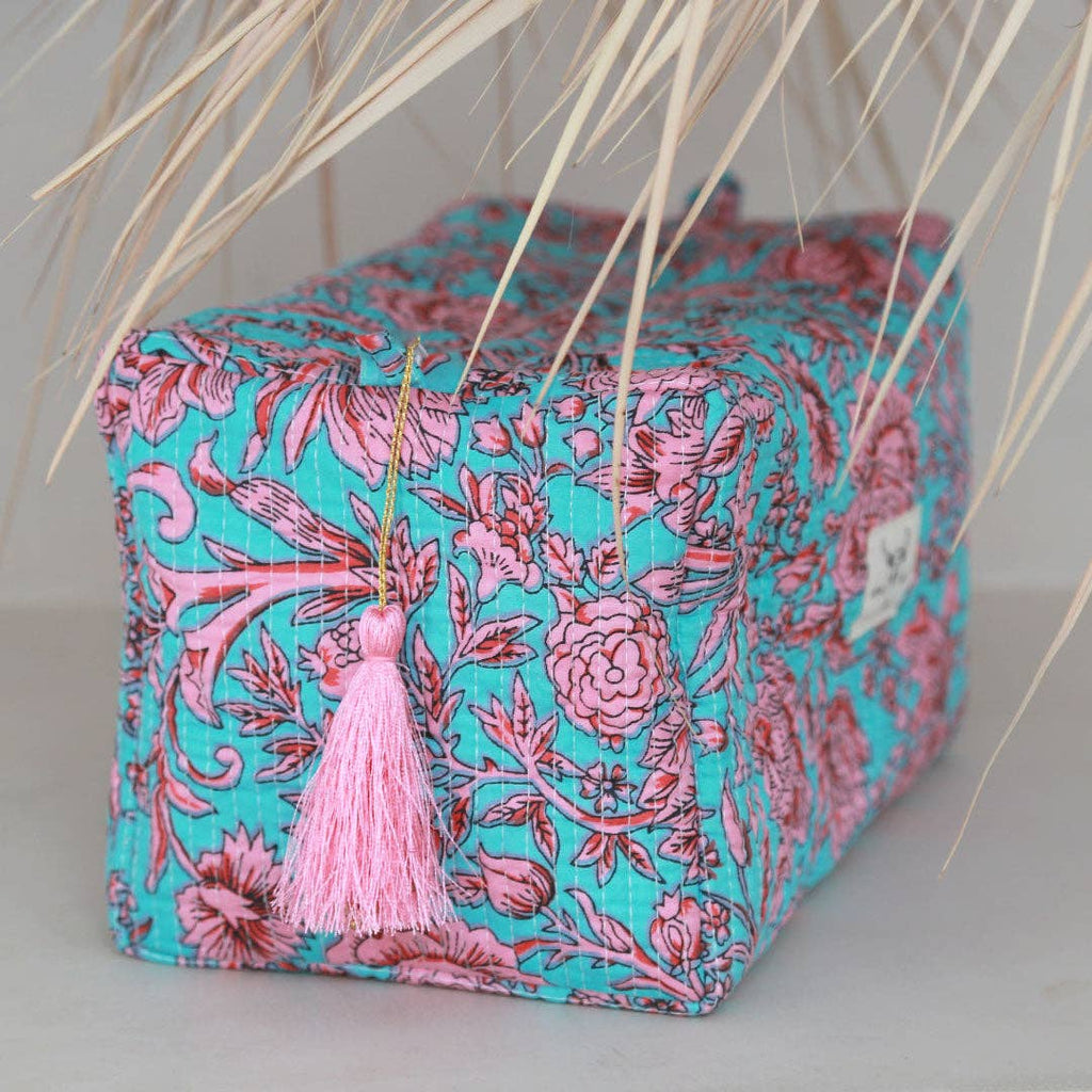 Trousse de toilette Blockprint Fez bleu fleur rose L