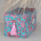 Trousse de toilette Blockprint Fez bleu fleur rose L