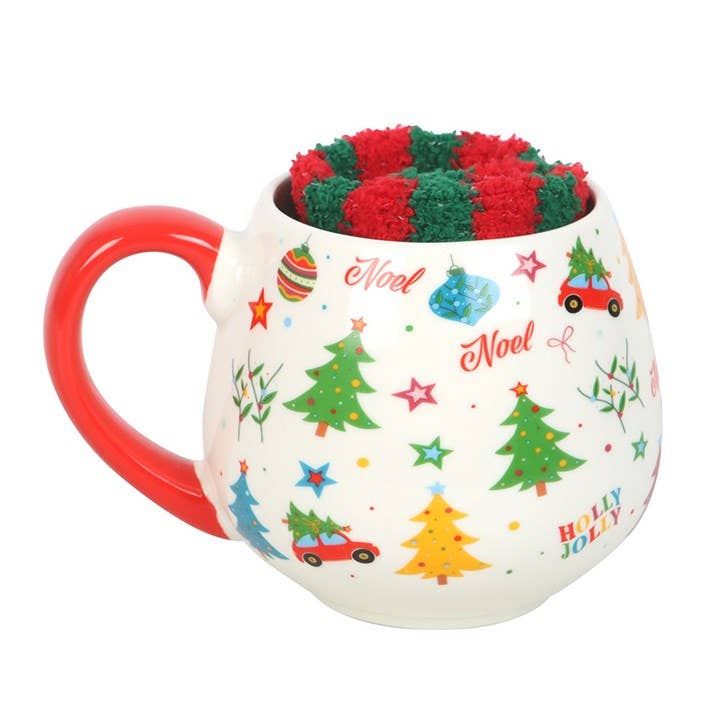 Ensemble de 1 tasse et 1 paire de chaussettes imprimées de Noël nostalgique