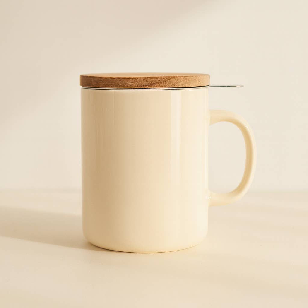 Tisanière Anna 350ml en grès crème et couvercle en bois