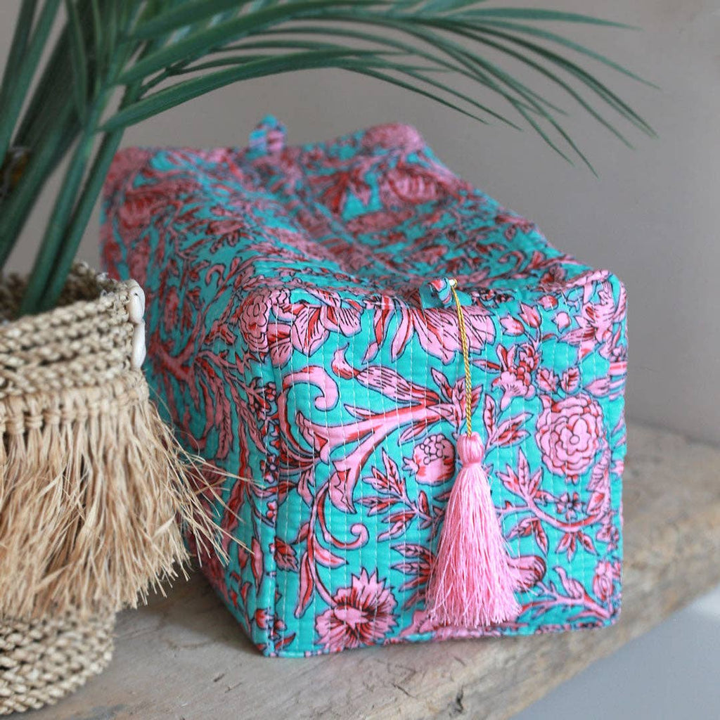 Trousse de toilette Blockprint Fez bleu fleur rose L