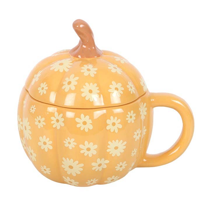 Mug en forme de citrouille florale groovy avec couvercle