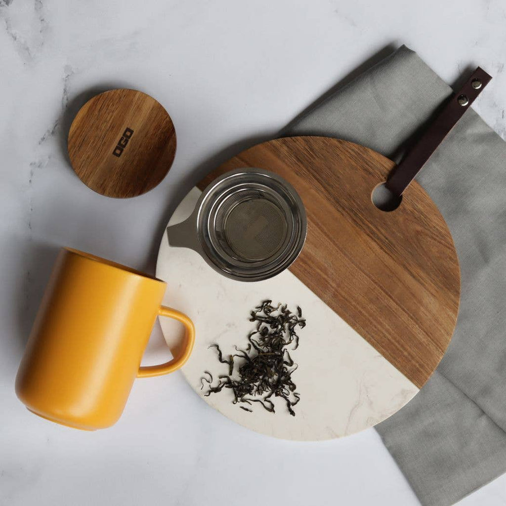 Tisanière juliet jaune en grès et couvercle en acacia