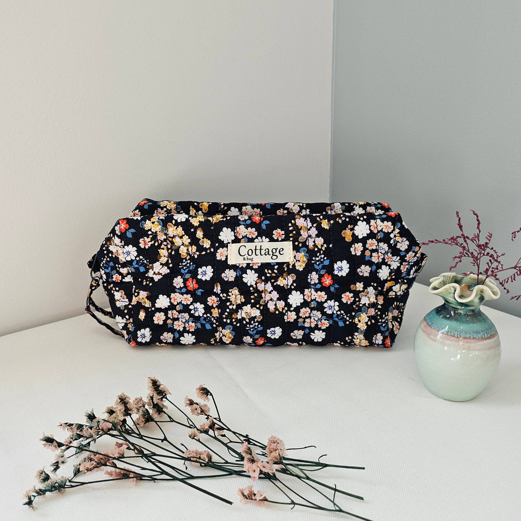 Trousse maquillage cube 100 % coton  : Fleur rouge turquoise