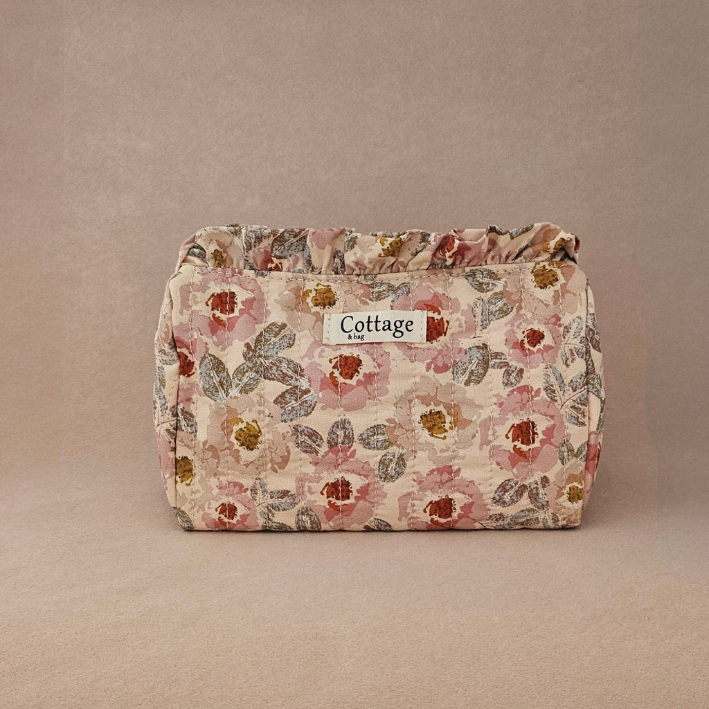 Trousse maquillage froufrou 100 % coton  : Léopard fleuri marron