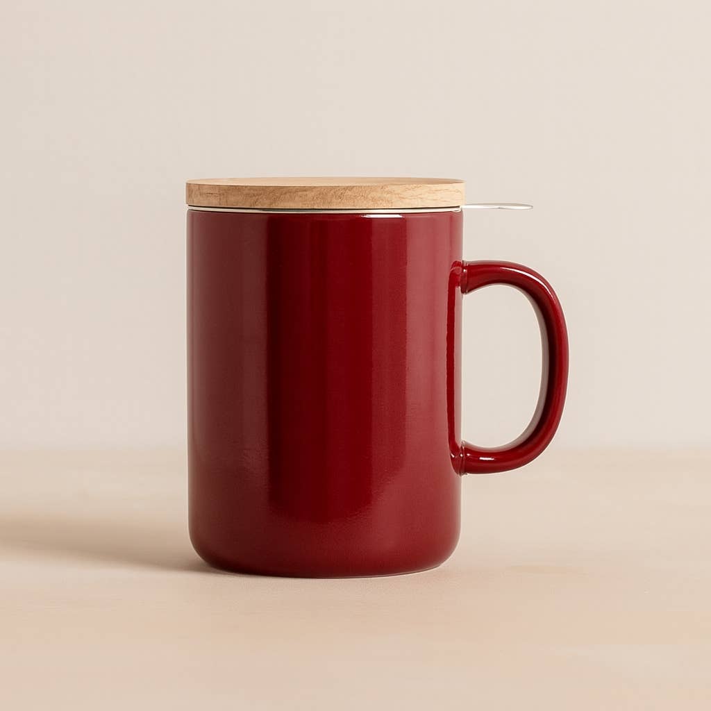 Tisanière Anna 350ml en grès magenta et couvercle en bois